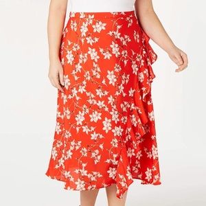 Calvin Klein Red Floral Ruffled Midi Skirt…
